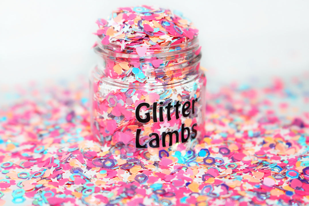 Best Body Glitter For Festivals by GlitterLambs.com | Chunky Loose Glitter Mixes For Body, Hair, Skin For Music Festival and Raves | Ice Cream Shop Glitter | Pink, Blue Chunky Loose Glitter Mix