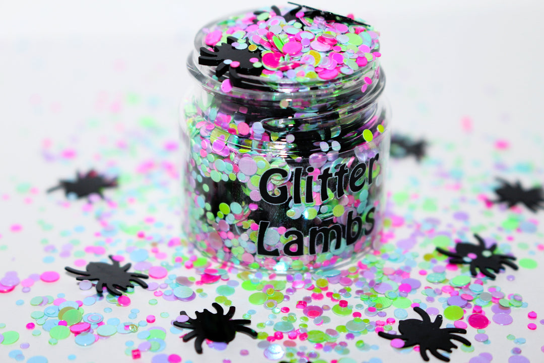 Little Miss Muffet Glitter by GlitterLambs.com | Black Spiders and Colorful Dots