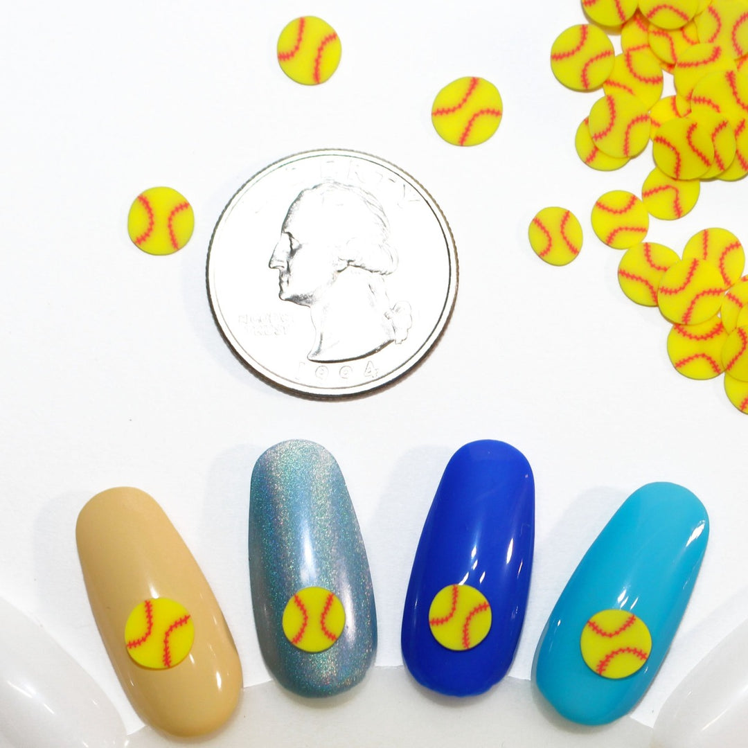 Softball Game Clay Sprinkles by GlitterLambs.com Yellow Softballs Clay Slices for nail art, crafts, resin shaker charms, shaker cards, etc.