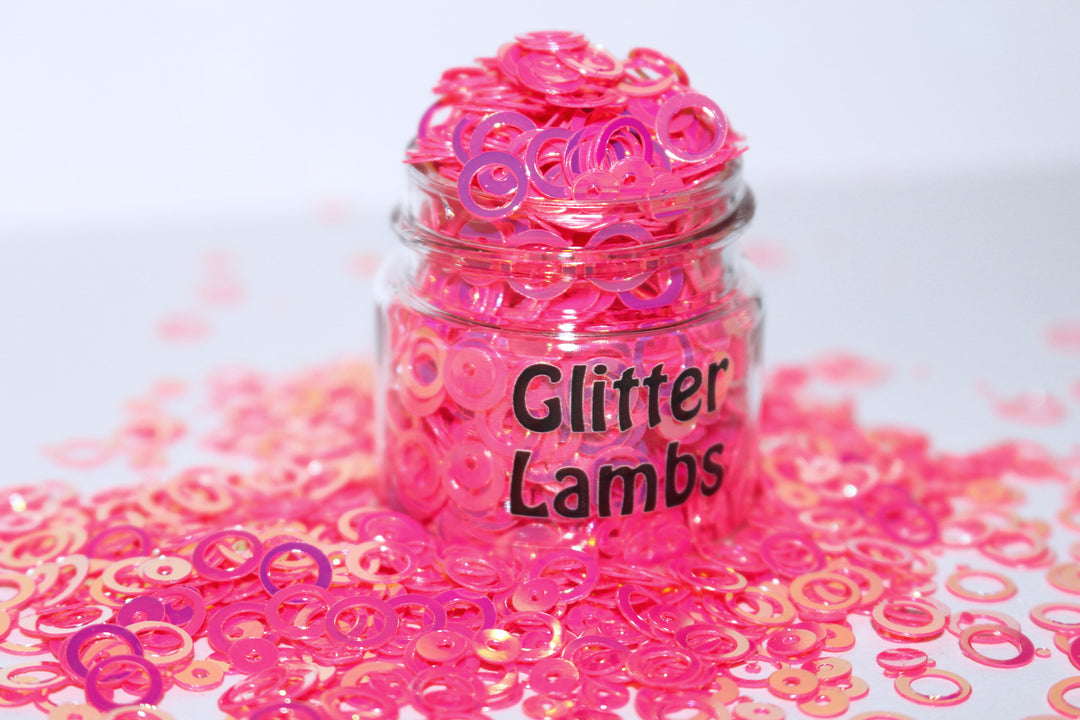 Bubblegum Hula Hoops Glitter by Glitter Lambs For Crafts, Nails, Resin. Hollow pink rings chunky loose mix.