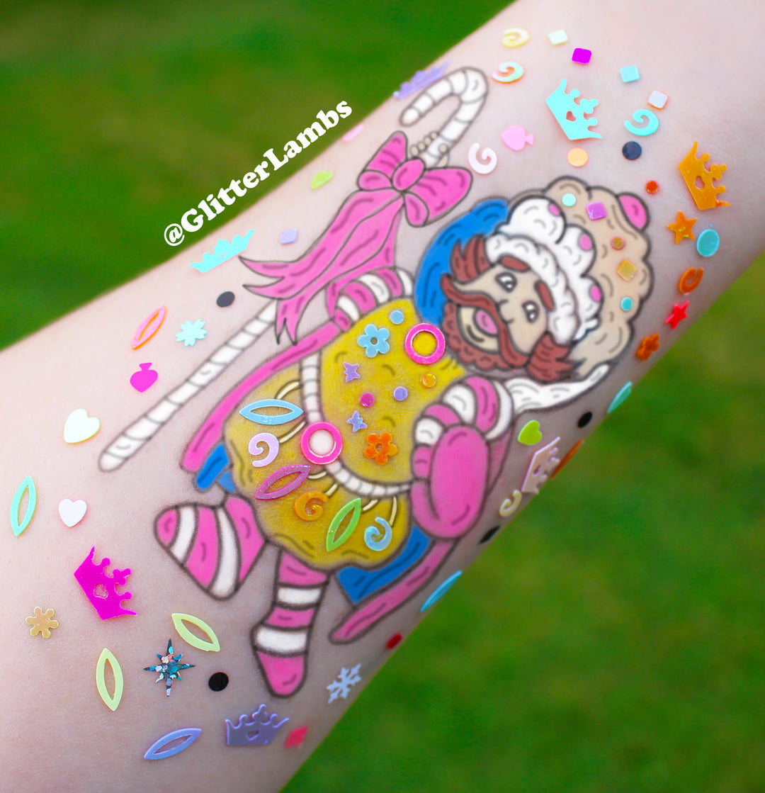 Glitter Arm Makeup Swatch on arm of King Kandy Candy Land | Beauty Fashion Makeup Artist MUA Looks Ideas Cartoons Art Cartoon