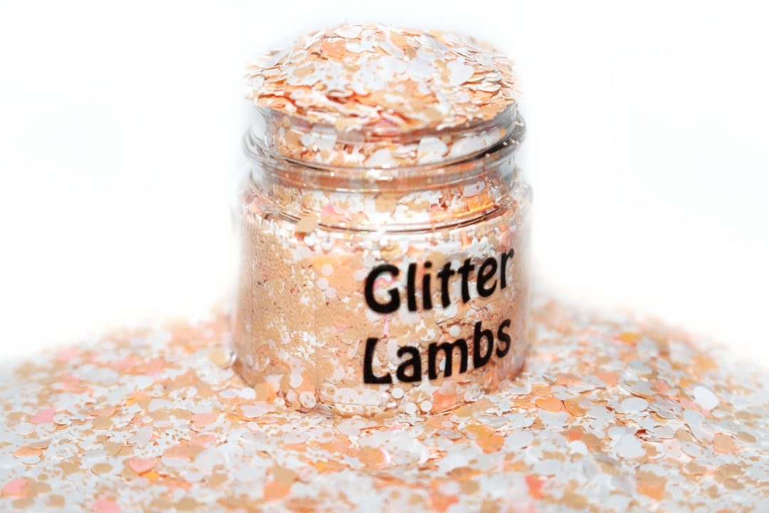 Orange Push Pops is a chunky white and orange loose glitter mix for crafts, nails, resin, tumbler cups, acrylic pouring, body, hair, jewelry making. GlitterLambs.com