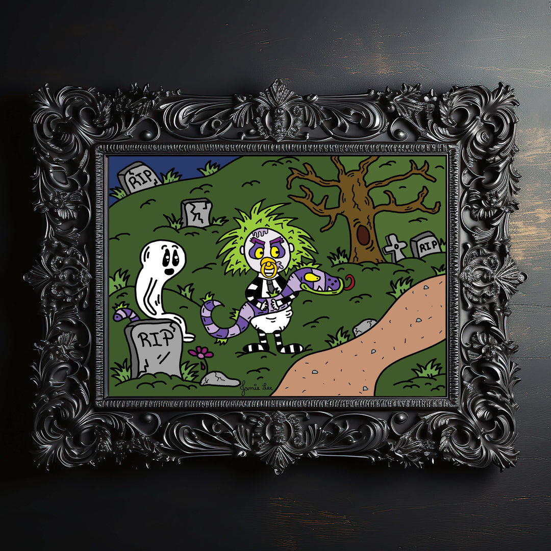 Who You Gonna Call Beetlejuice Sandworm Halloween Cemetery Wall Art Print by Jamie Lee