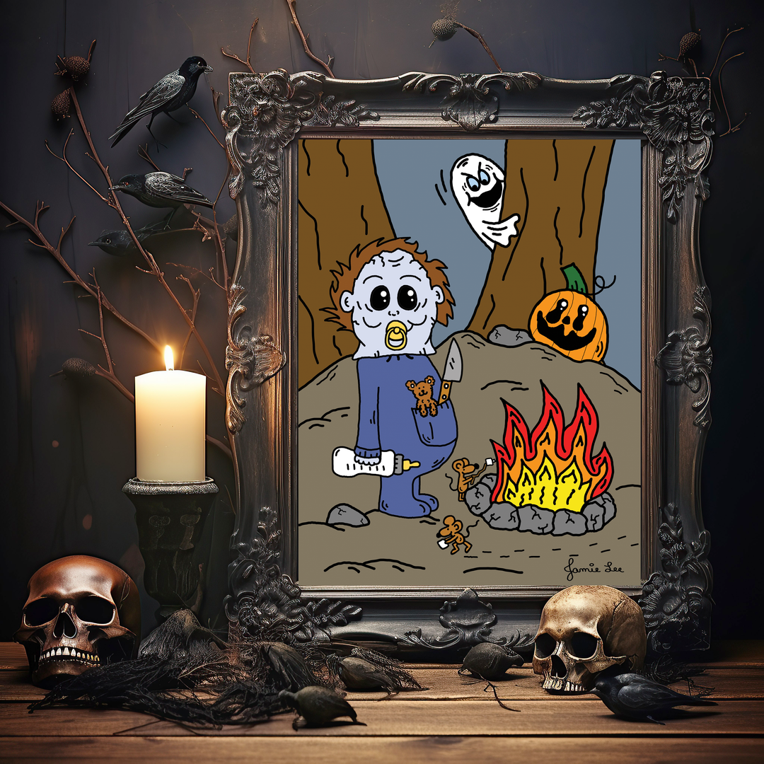 Halloween Roast Wall Art Baby Michael Myers With Knife Woods Ghost Mice Campfire Pumpkin