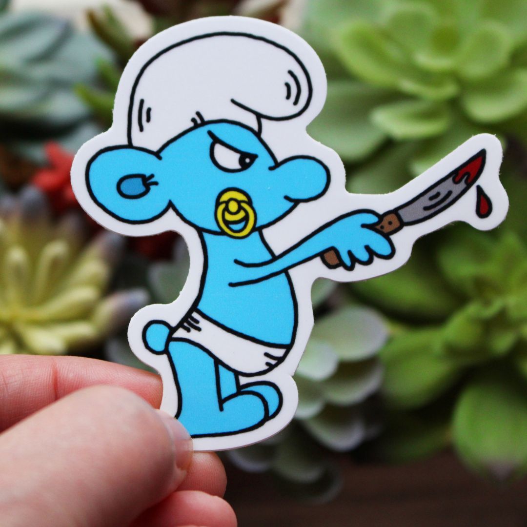 Baby Killer Smurf With Bloody Knife Halloween Sticker