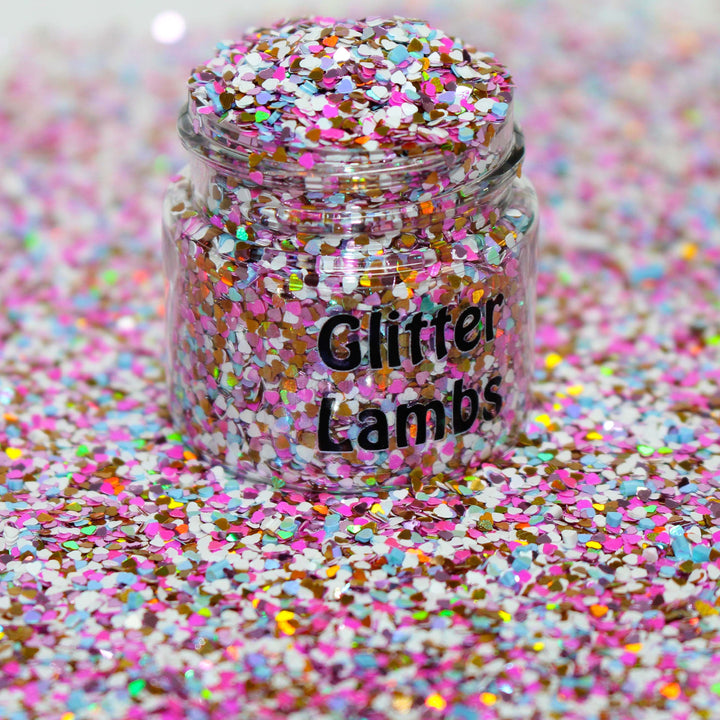 Blushing Hearts glitter holo matte mix for nail art, resin, card making, snowglobe tumbler cups, body and hair glitter, diy craft projects by GlitterLambs.com 1mm size hearts in a 5 gram bag.