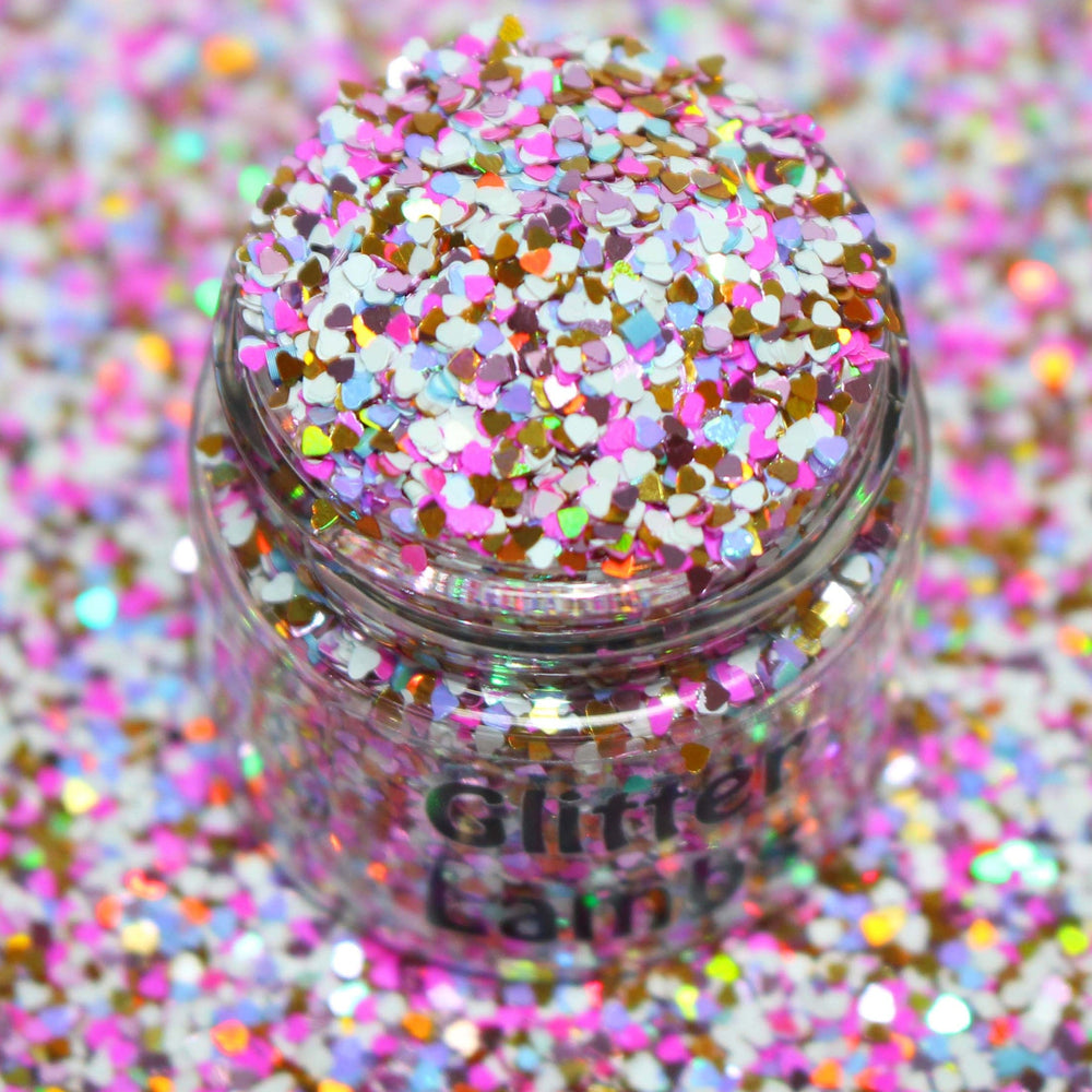 Blushing Hearts glitter holo matte mix for nail art, resin, card making, snowglobe tumbler cups, body and hair glitter, diy craft projects by GlitterLambs.com 1mm size hearts in a 5 gram bag.