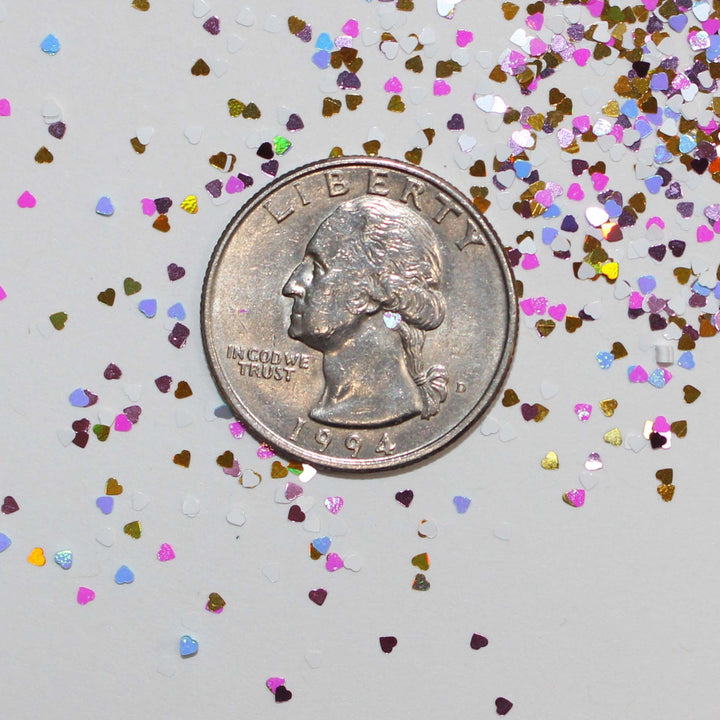 Blushing Hearts glitter holo matte mix for nail art, resin, card making, snowglobe tumbler cups, body and hair glitter, diy craft projects by GlitterLambs.com 1mm size hearts in a 5 gram bag.