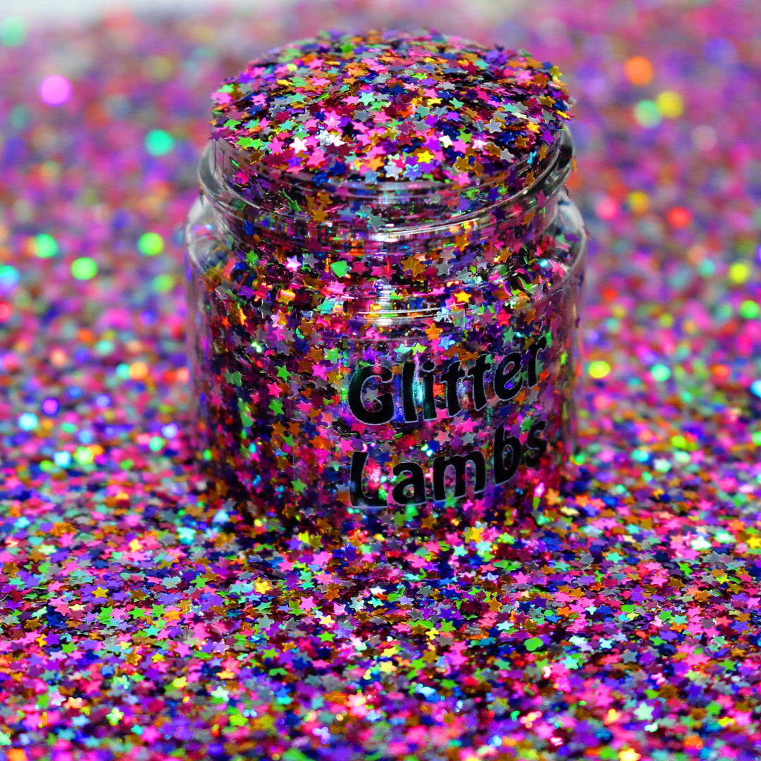 Fairy Stardust Glitter by GlitterLambs.com. Multi color mix of holographic tiny 1mm stars metallic (.040)