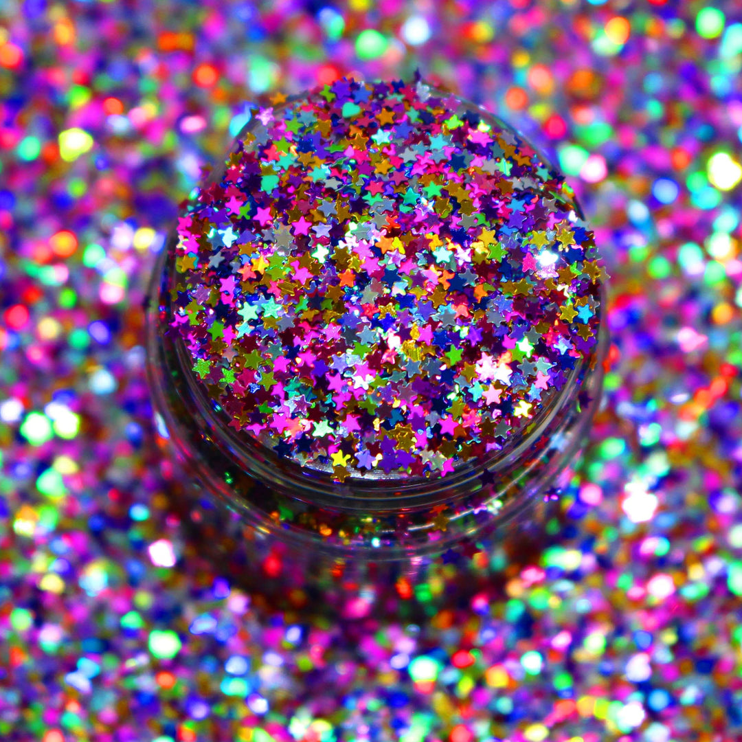 Fairy Stardust Glitter by GlitterLambs.com. Multi color mix of holographic tiny 1mm stars metallic (.040)