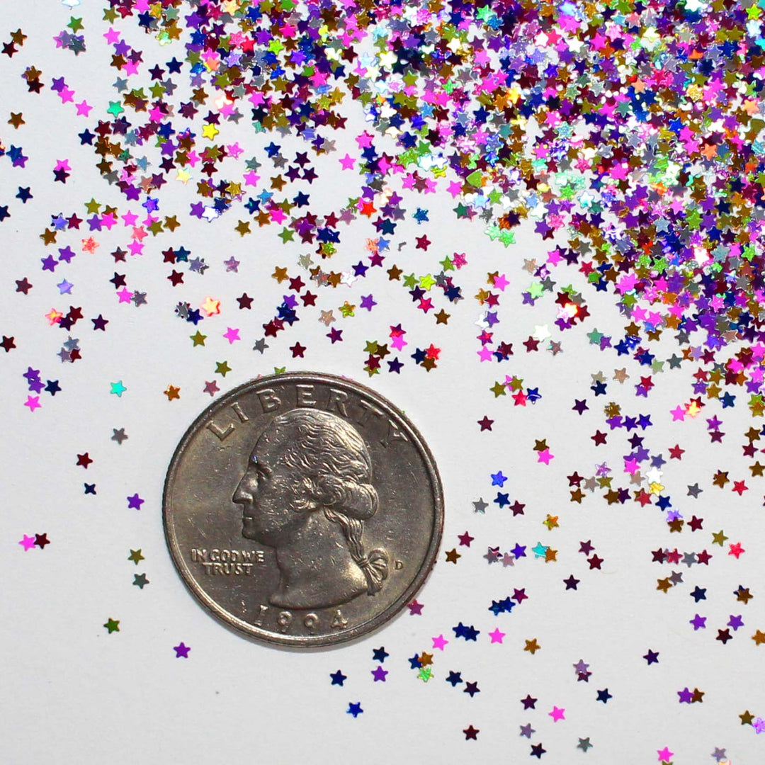 Fairy Stardust Glitter by GlitterLambs.com. Multi color mix of holographic tiny 1mm stars metallic (.040)