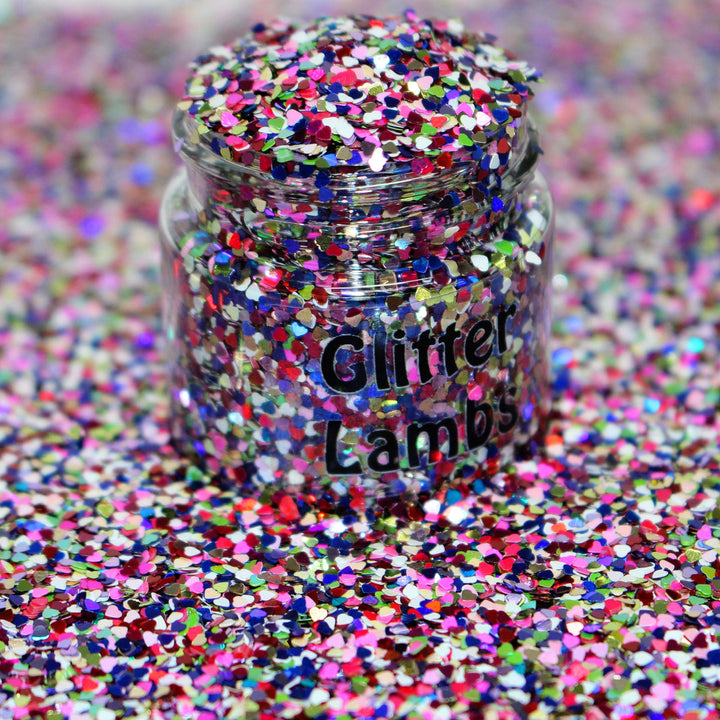 Glitter Hearts Galore tiny heart glitter for nail art, resin, snowglobe tumbler cups, shakers, card making, diy arts and crafts projects. Glitter supplier GlitterLambs.com 5 Gram Bags.