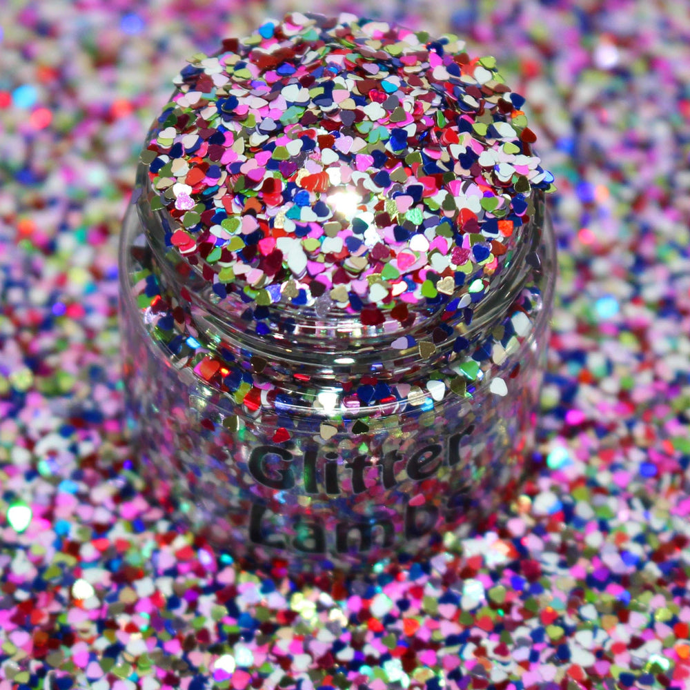 Glitter Hearts Galore tiny heart glitter for nail art, resin, snowglobe tumbler cups, shakers, card making, diy arts and crafts projects. Glitter supplier GlitterLambs.com 5 Gram Bags.