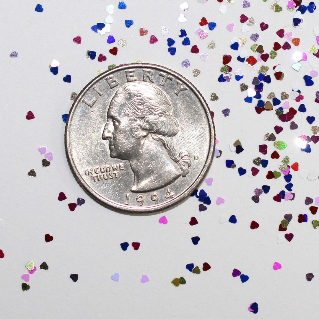 Glitter Hearts Galore tiny heart glitter for nail art, resin, snowglobe tumbler cups, shakers, card making, diy arts and crafts projects. Glitter supplier GlitterLambs.com 5 Gram Bags.