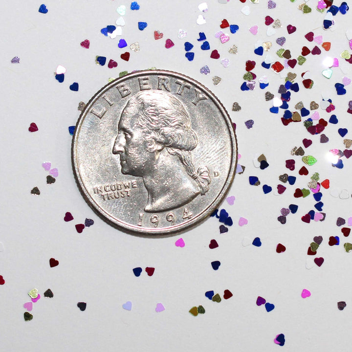 Glitter Hearts Galore tiny heart glitter for nail art, resin, snowglobe tumbler cups, shakers, card making, diy arts and crafts projects. Glitter supplier GlitterLambs.com 5 Gram Bags.