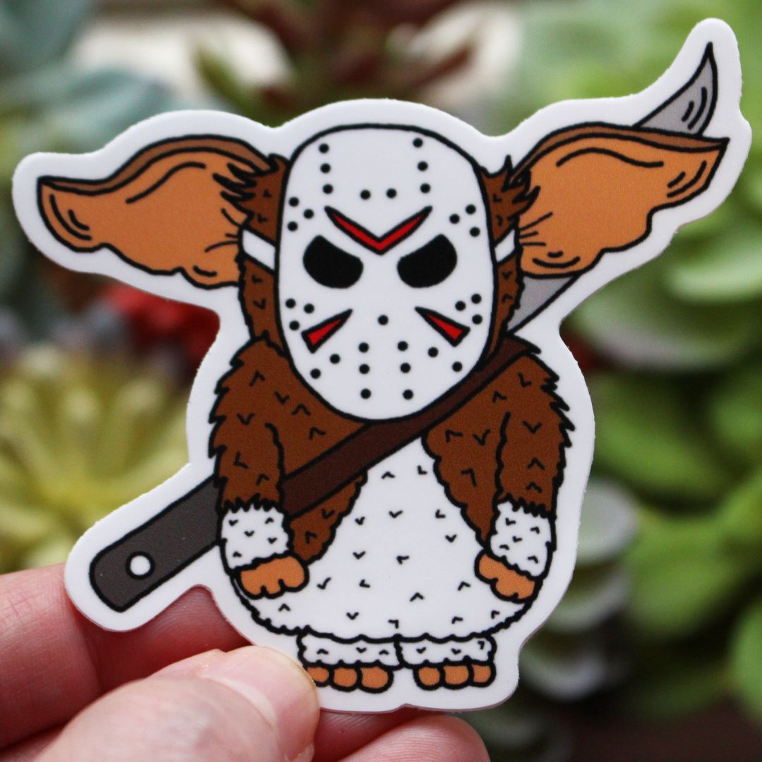 Gizmo Jason Halloween Sticker. A mashup of the movie Gremlins and Friday the 13th with Jason Voorhees!!!