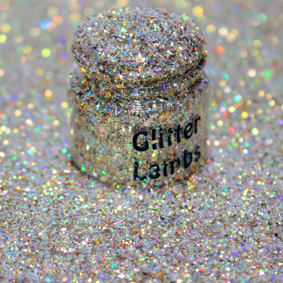 Gold shard glitter called “I Have Been Good-ish All Year,” packaged in a 5 gram bag, part of the Christmas Is Here glitter collection, perfect for nails, resin art, tumblers, ornaments, hair, body, and holiday crafts.