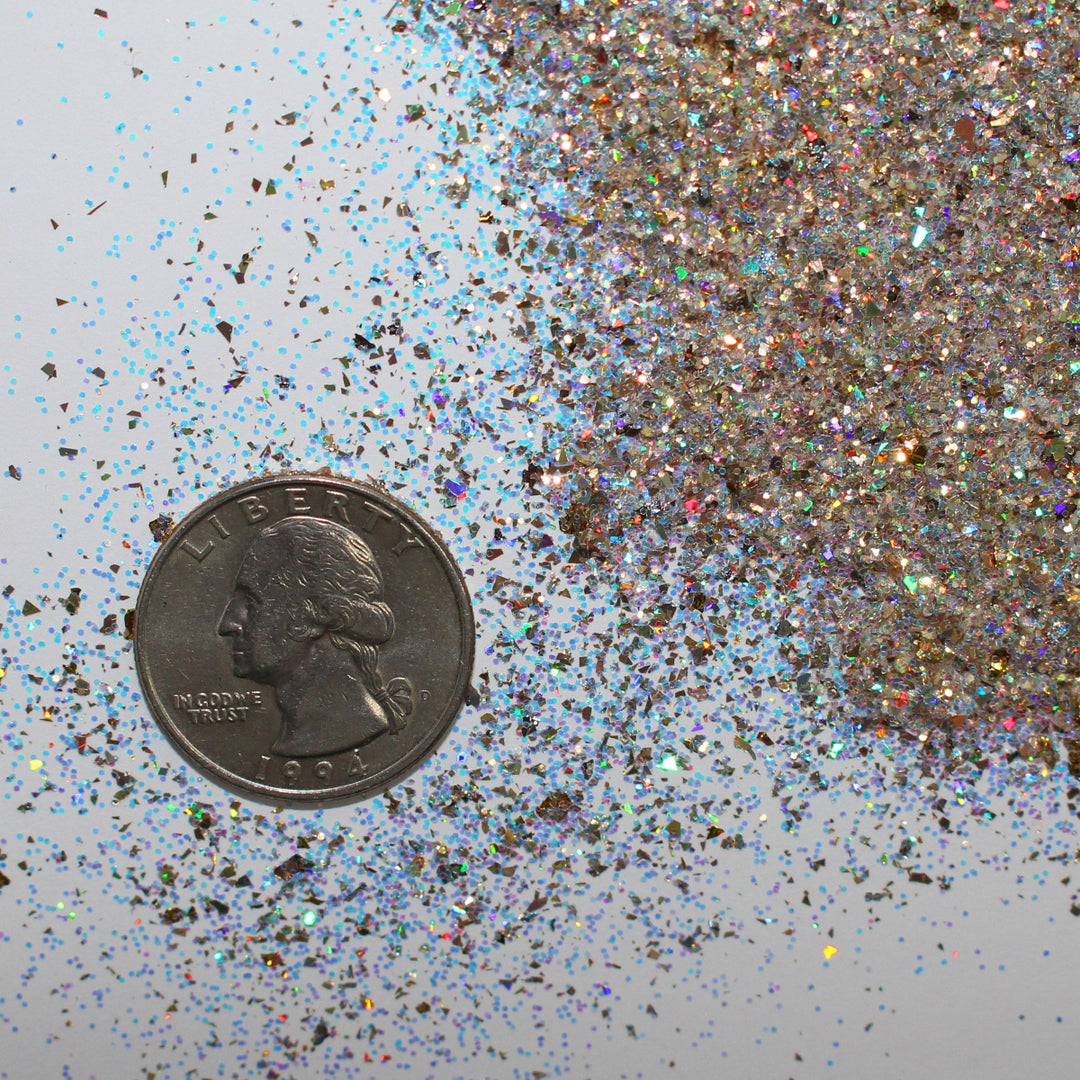 Gold shard glitter called “I Have Been Good-ish All Year,” packaged in a 5 gram bag, part of the Christmas Is Here glitter collection, perfect for nails, resin art, tumblers, ornaments, hair, body, and holiday crafts.