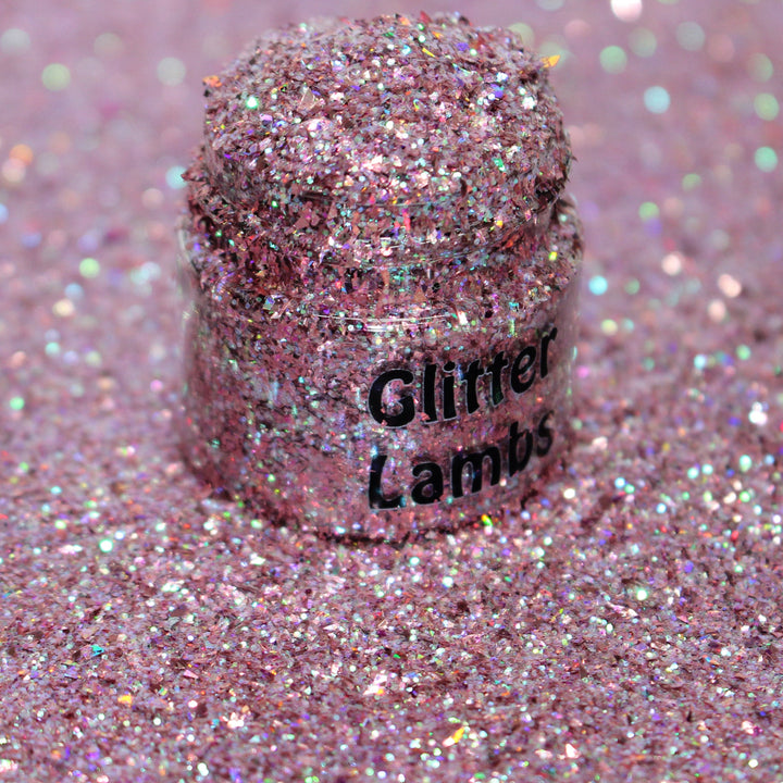 Pink holographic shard-cut glitter called “Keep Your Holiday Diet Balanced…A Cookie In Each Hand,” packaged in a 5 gram bag, part of the Christmas Is Here glitter collection, perfect for nails, resin art, tumblers, ornaments, and holiday crafts.