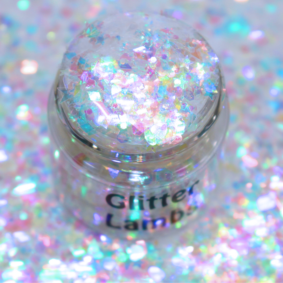 Pixie Dust Iridescent Glitter by GlitterLambs.com Arts, Crafts, Nail Art, Resin, DIY Projects. Hearts, Stars, Diamonds, Hex.
