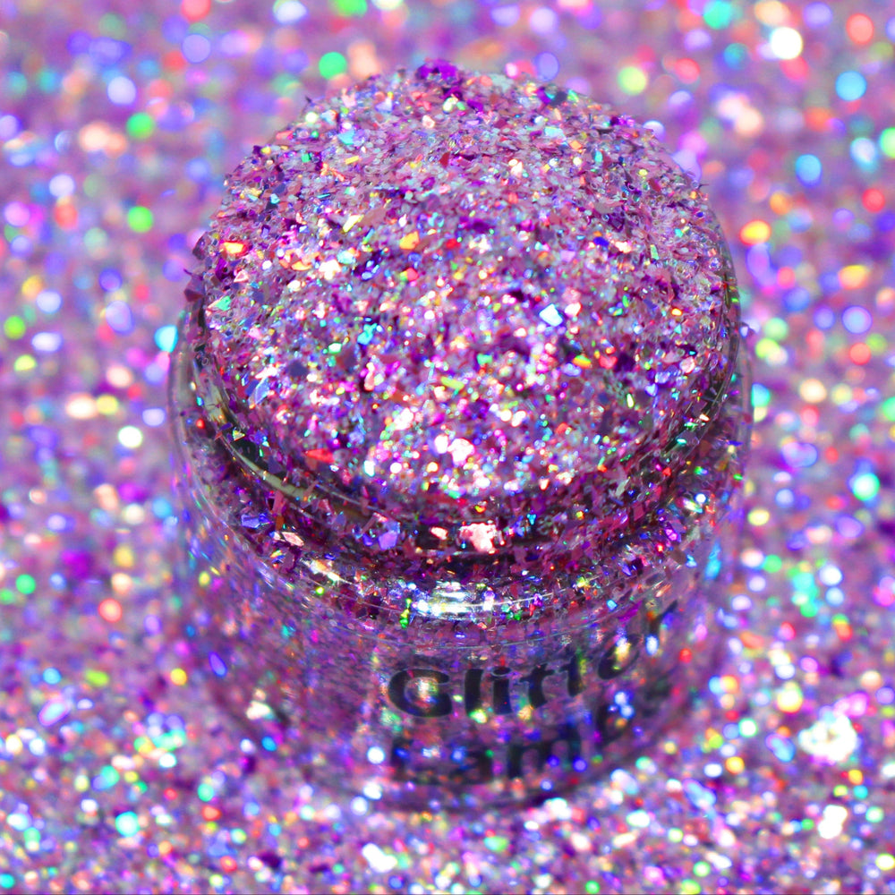 Purple holographic shard glitter called “Santa They Are The Naughty Ones,” packaged in a 5 gram bag, part of the Christmas Is Here glitter collection, perfect for nails, resin art, tumblers, ornaments, hair, body, and holiday crafts.