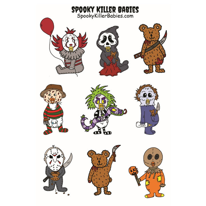 Spooky Halloween Sticker Sheet- Pennywise The Clown, Ghostface Scream, Freddy Krueger, Beetlejuice Sandworm, Michael Myers, Jason Voorhees Sam Trick Or Treat, Frriday 13th, A Nightmare On Elm Street, IT 