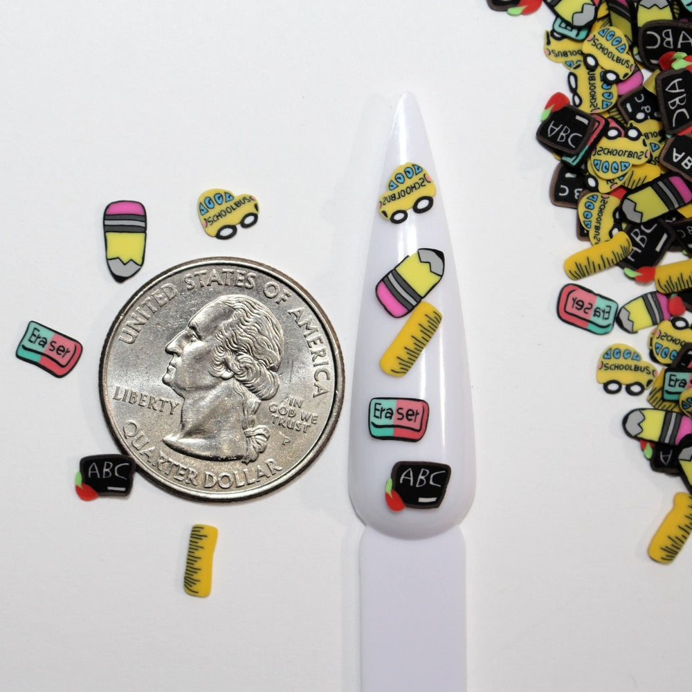 Back To School Clay Sprinkles (5mm) by GlitterLambs.com - School Bus, Pencil, Eraser, Ruler, Chalkboard