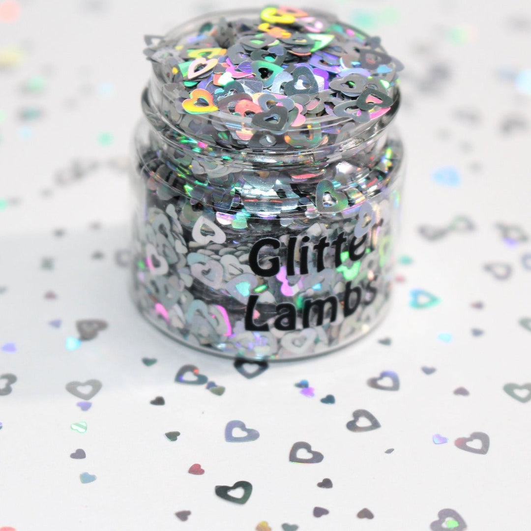 How Romantic is a Silver holographic hollow heart glitter sise 5mm by GlitterLambs.com