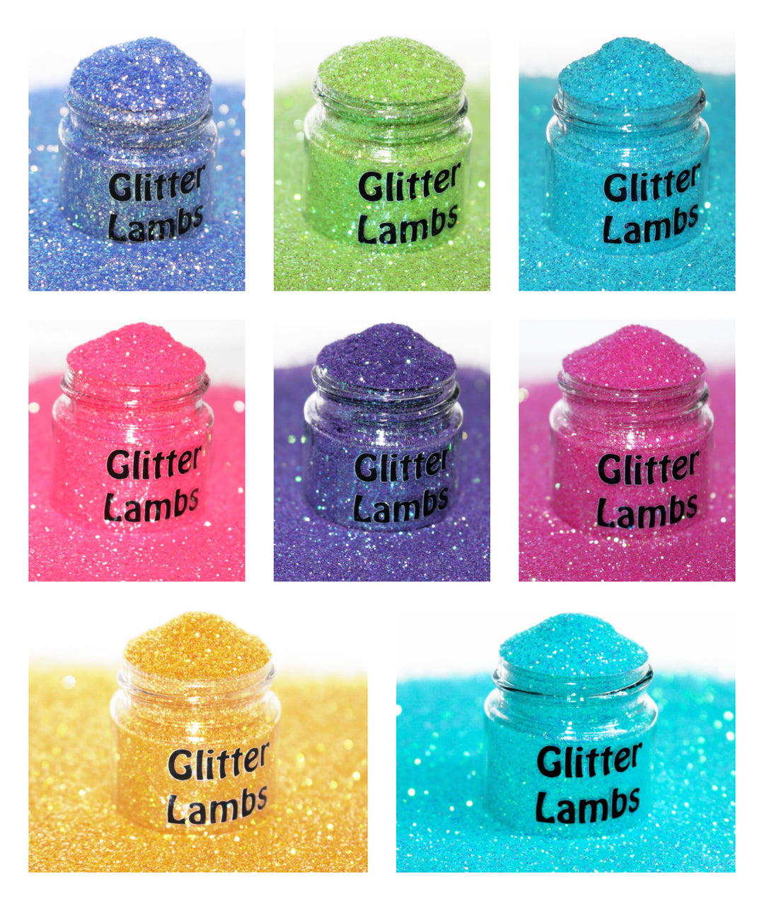 Lollipop Glitter bundle of 8 by GlitterLambs.com Size of glitter is (.015). Comes in a 12 gram bag, not a jar.
