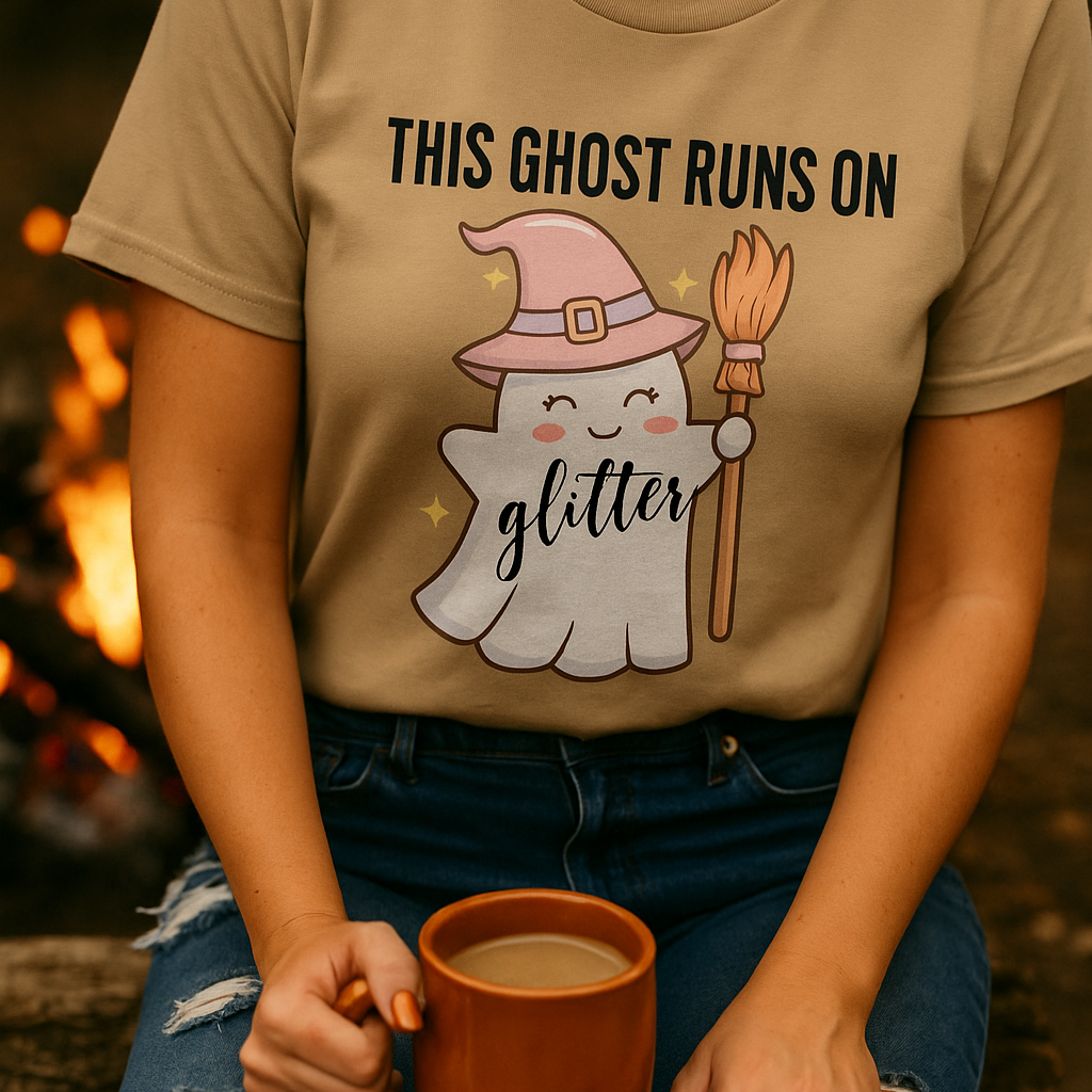 This Ghost Runs On Glitter Halloween Shirt by GlitterLambs.com Fall Autumn Ghost with pink witch hat and broom.
