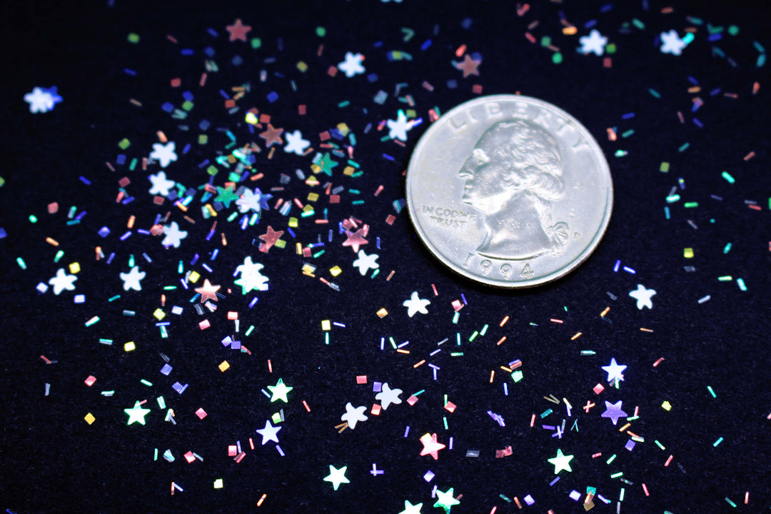 Unicorn Smash Cake Glitter By GlitterLambs.com. Iridescent Glitter mix of stars , square nd bars.