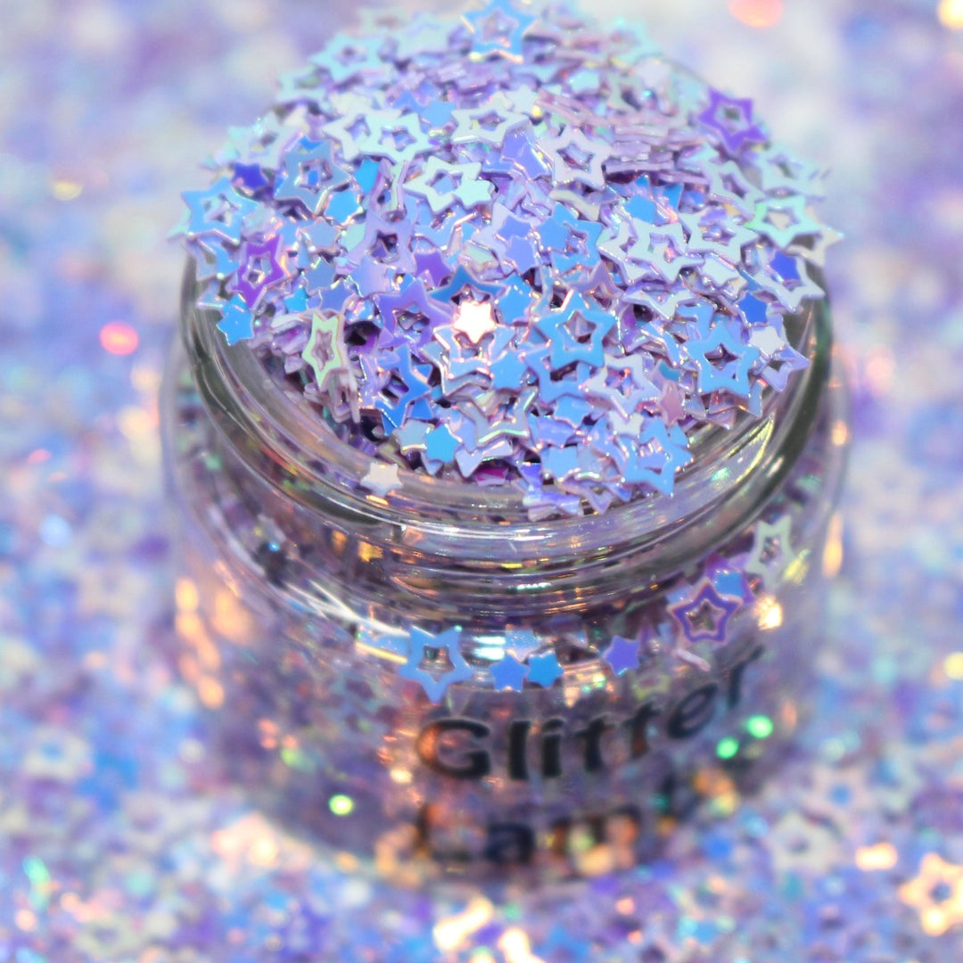 Watercolor glitter by GlitterLambs.com. A lilac purple hollow star glitter.