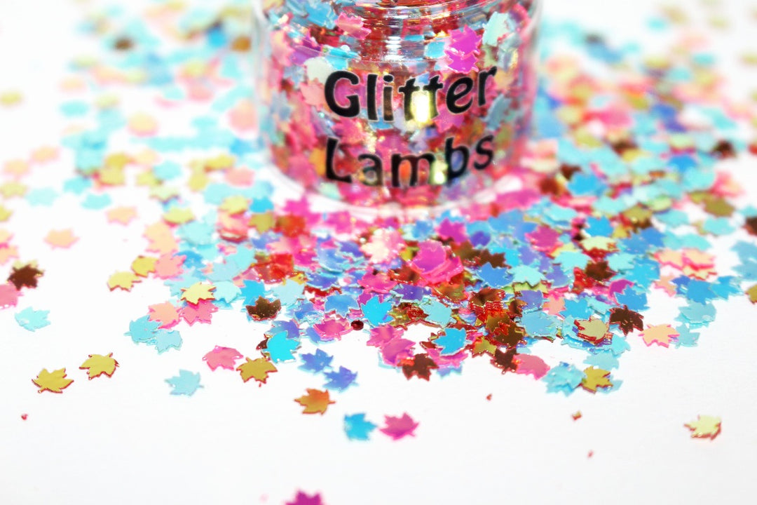 Autumn At Unicorn Island Glitter by GlitterLambs.com. For nails, resin, art, crafts, body, etc. | Pink, blue and orange maple leaves leaf glitter