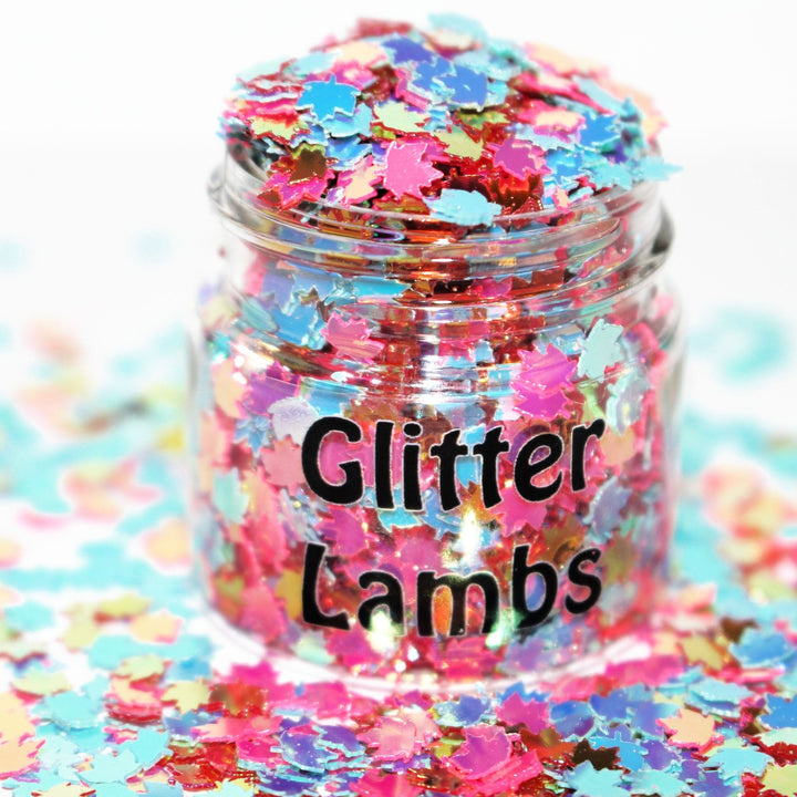 Autumn At Unicorn Island Glitter by GlitterLambs.com. For nails, resin, art, crafts, body, etc. | Pink, blue and orange maple leaves leaf glitter