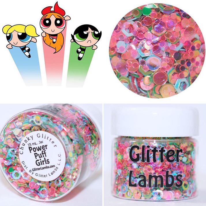 Powerpuff Girls Glitter by GlitterLambs.com. Great for arts and crafts, nails, resin, acrylic pouring, tumbler cups, etc. 
