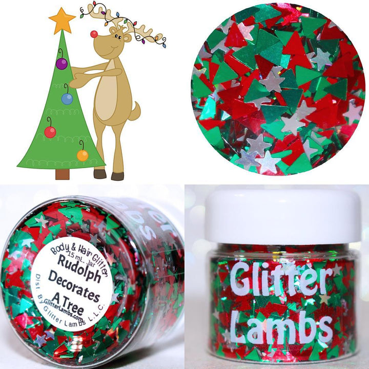Glitter Lambs "Rudolph Decorates A Tree" Body & Hair Glitter by GlitterLambs.com | Clipart by @jwillustrations #glitter #bodyglitter #christmas #christmasglitter #rudolph #glitterlambs #reindeer #nails #nailglitter