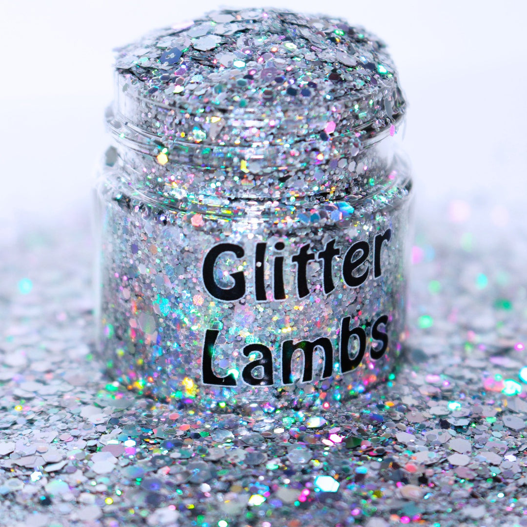 Wish Upon A Mermaid is a silver holographic glitter for arts and crafts, nails, resin, diy projects, acrylic pouring, by GlitterLambs.com