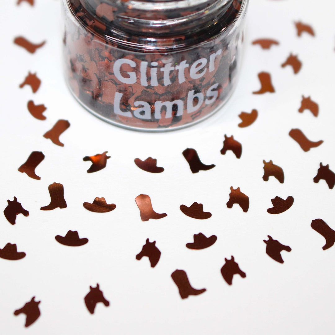 Yeehaw Cowboy Boots Horse Hat Brown Holographic Glitter Mix 6mm by GlitterLambs.com