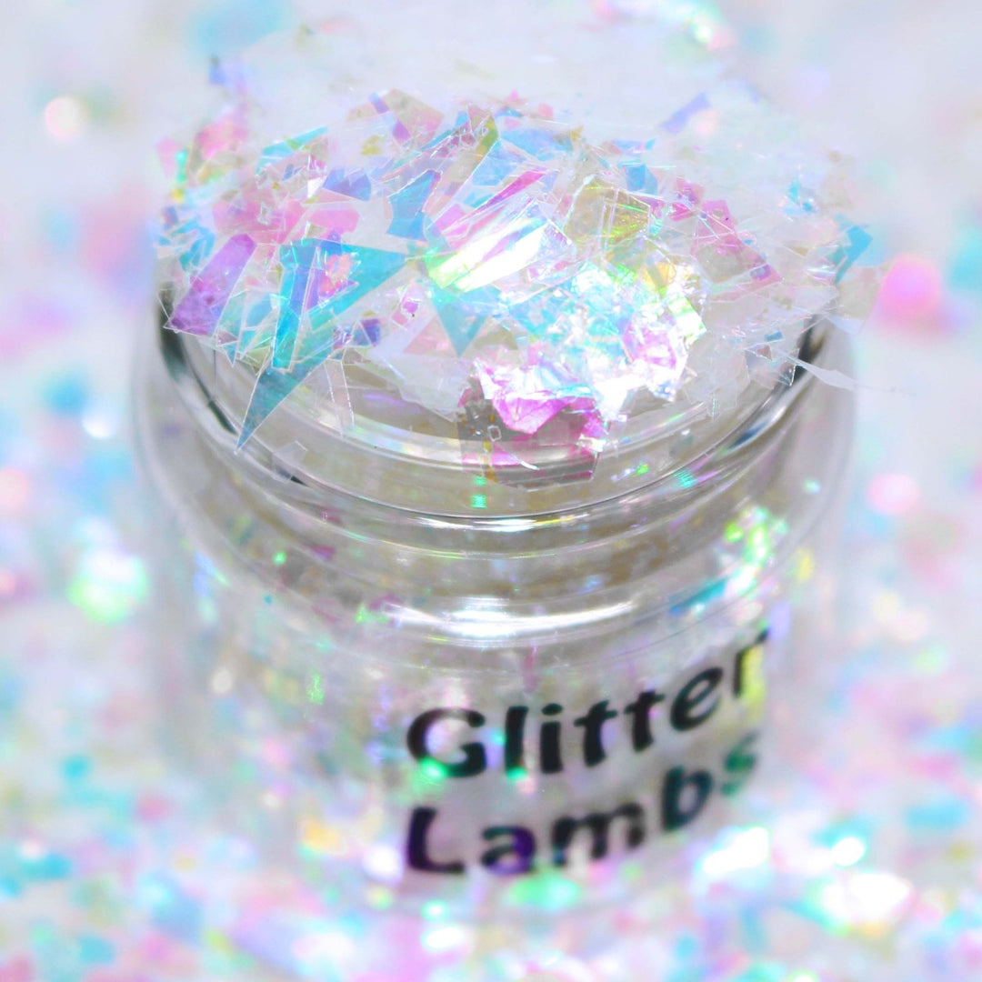 Ice Cube Castle Glitter by GlitterLambs.com Iridescent clear Colorless Translucent Mylar flakes nail swatch